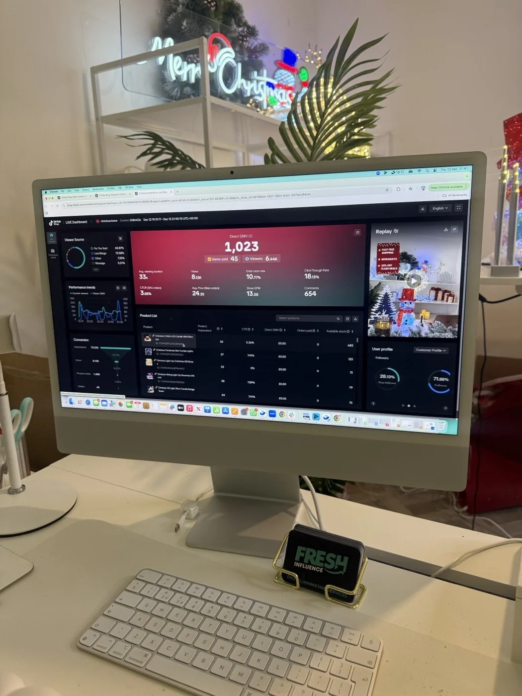 A TikTok Shop GMV dashboard on screen at the Fresh Influence studio